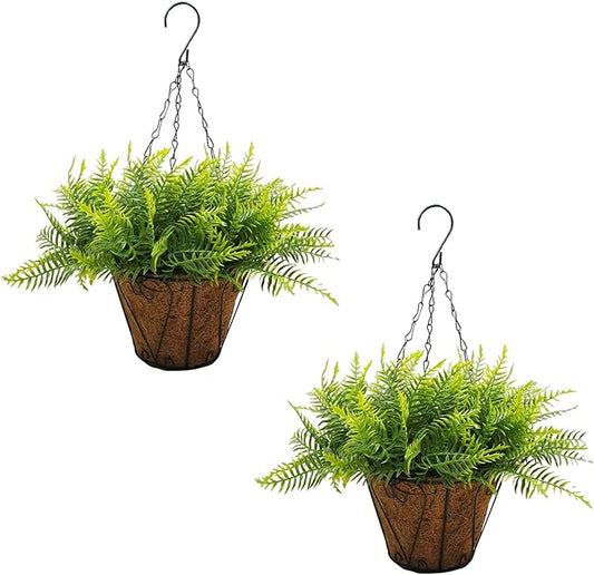 Towallmark Hanging Planters with Plant Hangers 2-Pack Artificial Green Fern 25CM Straight Coconut Fiber Baskets with Sturdy Iron Hanging Chains