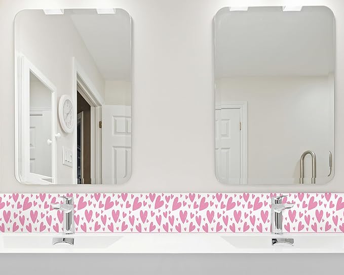 FLFK Pink Heart Wallpaper Border - Peel and Stick Wall Paper, Self Adhesive Removable PVC Borders Sticker, Modern Waterproof Trim for Home Decor, 7" x 240"