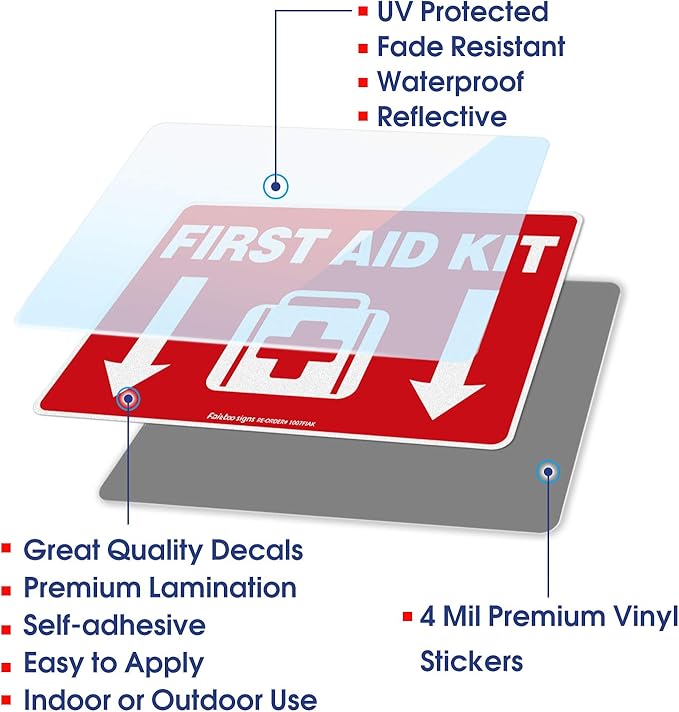 First Aid Kit Sticker, First Aid Kit Sticker Decal for Home, Schools and Business, 4 Pack, 10 x 7 inch Self-Adhesive Vinyl Decal Stickers, Reflective, UV Protected, Waterproof