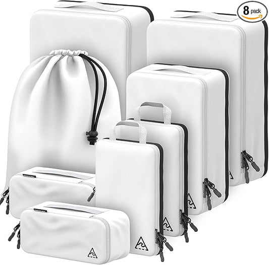 8-Piece Luxury Compression Packing Cubes & Bags for Travel – Maximize Space in Luggage with HybridMax Double-Capacity Design, 50 Luggage Tags, Deluxe Set, Lifetime Satisfaction Suitcase Organizer Bags