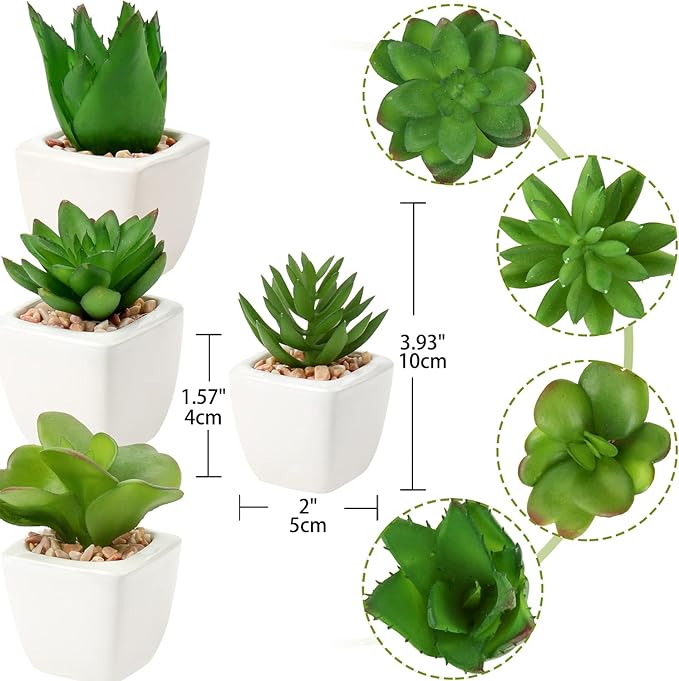 Hollyone Succulents Plants Artificial 4Pcs Small Fake Succulents in Pots Faux Plastic Potted Plants with White Ceramic Pot for Home Decor Office Desk Bathroom Shelf Indoor & Outdoor Decoration