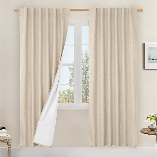LAMIT 100% Blackout Natural Linen Curtains, 80 Inches Linen Textured Thermal Bedroom Curtains Back Tab and Rod Pocket Neutral Panels with White Liner for Farmhouse, 2 Panels, 52 x 80 Inch, Linen