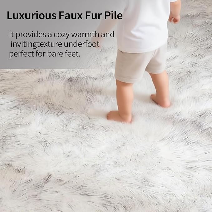 Faux Fur Sheepskin Area Rug for Living Room Bedroom, White with Grey Tips, 2 x 6 Feet Ultra Soft Shaggy Fuzzy Furry Carpet Chair Throw Runner Rugs for Kids, Girls, Nursery Room Decor Dorms