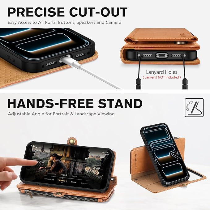 TUCCH Removable Crossbody Case Wallet for iPhone 17 Pro (6.3") 2025, Wireless Charging, RFID Blocking 9 Card Slots, Lanyard, Wrist Strap, Zipper Pocket, PU Leather, Stand Magnetic Cover, Light Brown