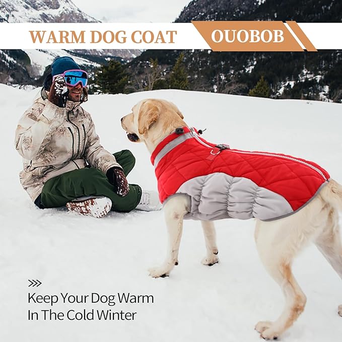 OUOBOB Large Dog Coat, XXLarge Dog Winter Coat, Waterproof Pet Jacket with Back Zipper,Extra Large Pet Coats, Warm Fleece Jacket with D-Ring, Windproof Winter Clothes Golden Retriever,Red,XXL