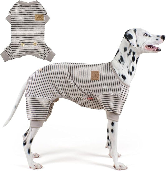 KYEESE Dog Pajamas, Striped Pet PJS Lightweight Doggie Jammies, 4 Legs Outfit Soft Dog Pajamas, Cozy Pet Clothes Onesie, Comfortable PJS for Large Dogs, Ivory Brown Striped, 3XL