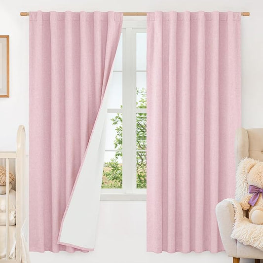 LAMIT 100% Blackout Linen Curtains, 72 Inches Linen Textured Thermal Bedroom Curtains Back Tab and Rod Pocket Neutral Panels with White Liner for Girls' Room, 2 Panels, 52 x 72 Inch, Pink