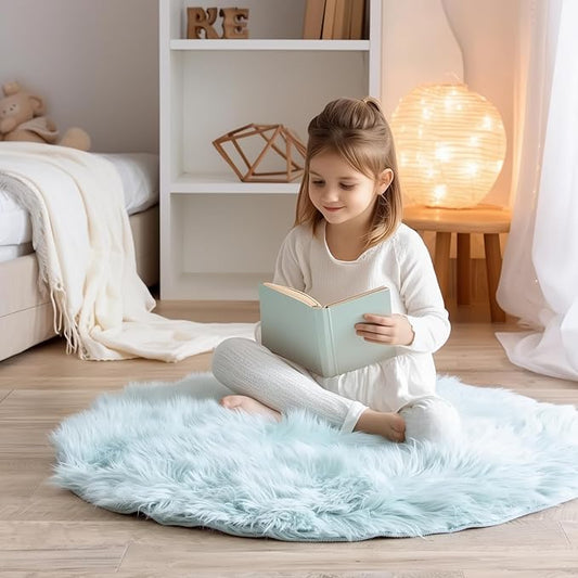 Super Area Rugs Ultra Soft & Fluffy Faux Sheepskin Rug, Teal 3 x 3 Feet Round Carpet for Bedroom Living Room