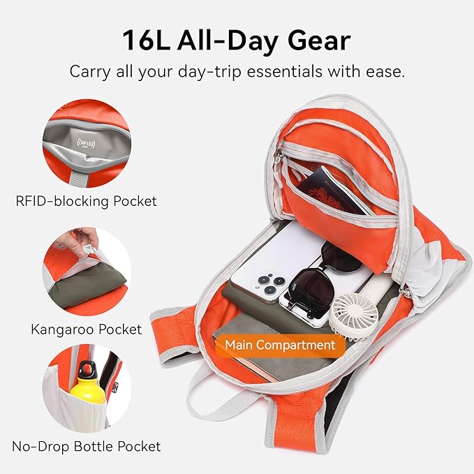 CROSSGEAR Packable Hiking Backpack, 16L Lightweight Foldable Backpack with RFID Pocket, Small Hiking Daypack for Women Men Orange