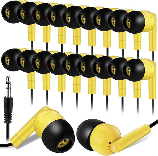 Kanayu 100 Pack Wired Earbuds Bulk for Classroom Ear Headphones Wired Basic Student Earbuds No Microphone with 3.5MM Jack for Class Laptop School Library, Individually Bagged (Yellow)