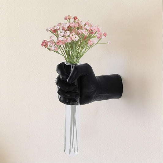 Unique Wall Sculptures, Hand Vases Home Decor, Wall Mount Art Sculpture, Unique Wall Art Statue, Funky Flower Vase Decorations, Modern Eclectic Hanging Decor,Glass Test Tube Vase (Black)