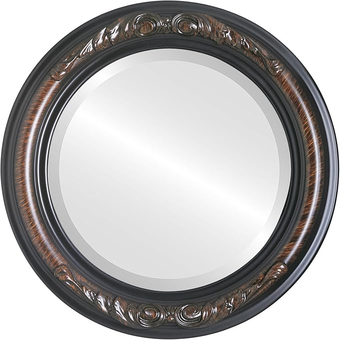 OVALCREST Round Beveled Wall Mirror for Home Decor - Florence Style - Vintage Walnut - 18x18 Outside Dimensions