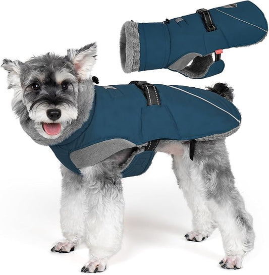 KYEESE Waterproof Dog Coat, Warm Windproof Jacket,Turtleneck Winter Dog Coats for Small Dogs with Leash Hole, Reflective Pet Clothes & Outdoor Apparel,Thick Fleece-Lined Winter Jacket,Navy Blue, Large