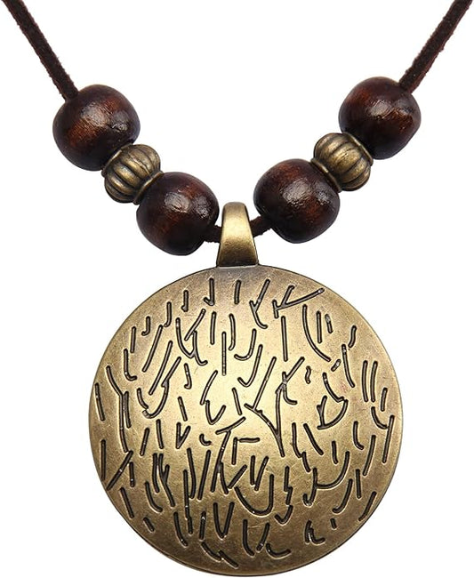 Leather Necklace for Women Boho Choker Necklace Long Cord Leather Pendant Bohemian Neckalce Vintage Alloy Pendant Leather Rope Necklace Wooden Necklaces for Women