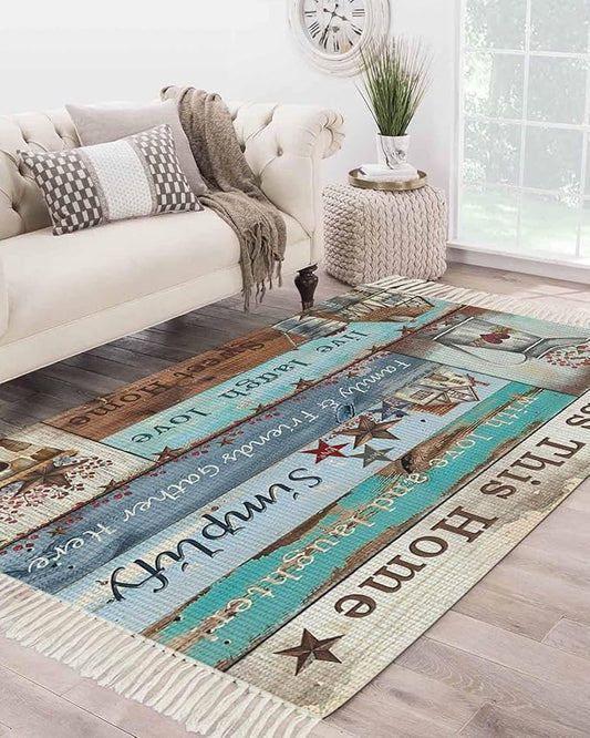 Turquoise Blue Brown Large Runner Rug 4X6 Ft Living Room Area Rug, Washable Woven Vintage Barn Rustic Cabin Throw Carpet With Tassel, Non-Shedding Country Star Farm Wooden Plank Bedroom Office Carpets