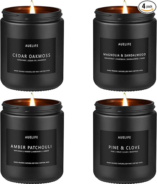 Candle Gift Set for Men – 4 Pack Soy Candles with Cedar Oakmoss, Pine & Clove, Amber Patchouli, Sandalwood – Masculine Scented Candles for Home, Valentine's Day Gift for Him