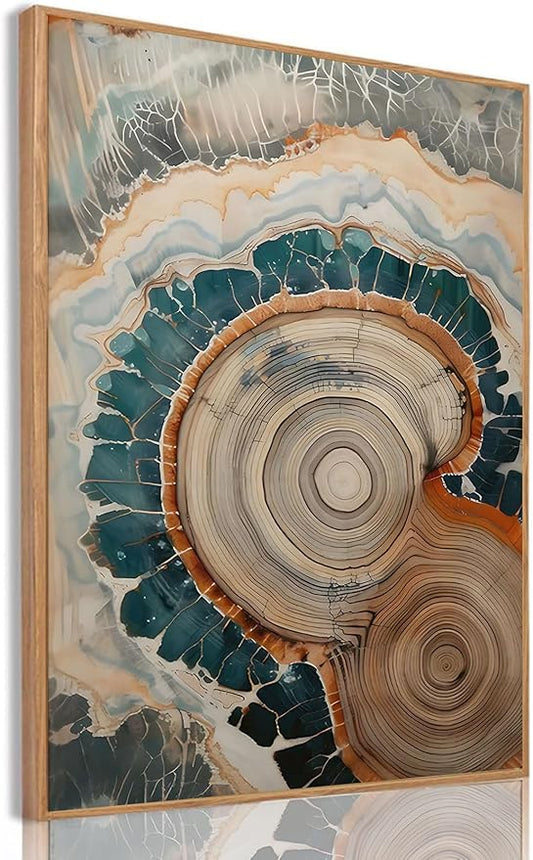 IBHJSART Framed Tree Ring Canvas Wall Art Vintage Colorful Wood Stump Painting Prints Modern Minimalist Pictures Neutral Nature Rustic Farmhouse Decor Living Room Bedroom Bathroom Office