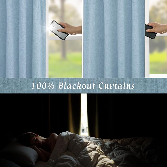 LAMIT Full Blackout Window Curtains for Boy Bedroom, 54 Inches Thermal Farmhouse Curtains Back Tab and Rod Pocket Privacy Protected Panels with White Liner, 2 Panels, 52 x 54 Inch, Stone Blue