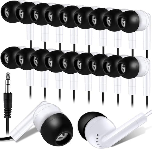 Kanayu 25 Pack Wired Earbuds Bulk for Classroom Ear Headphones Wired Basic Student Earbuds No Microphone with 3.5MM Jack for Class Laptop School Library, Individually Bagged (Black White)