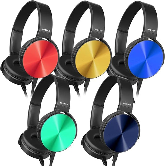 Kids Headphones Bulk 5 Pack Mixed Colors,On-Ear Premium Student Bulk Headphones,Comfy Swivel Earphones for Classroom School Library Airplane,Noise Stereo Sound 3.5mm Jack(HTC004)