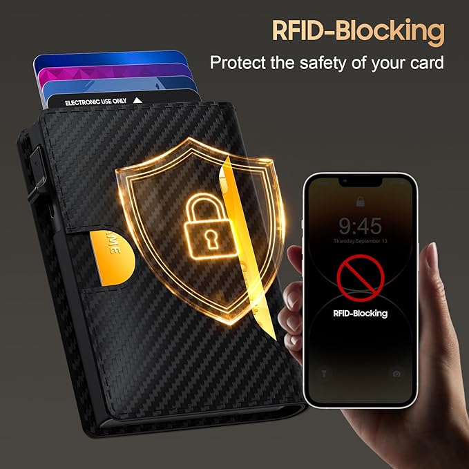 Frapkom Men Wallet, Trigger Wallet 8-11 Cards, Smart Pop Up Card Wallet with RFID Blocking Function, Cash Slots, Credit Card Holder, ID Window (Carbon Fiber)