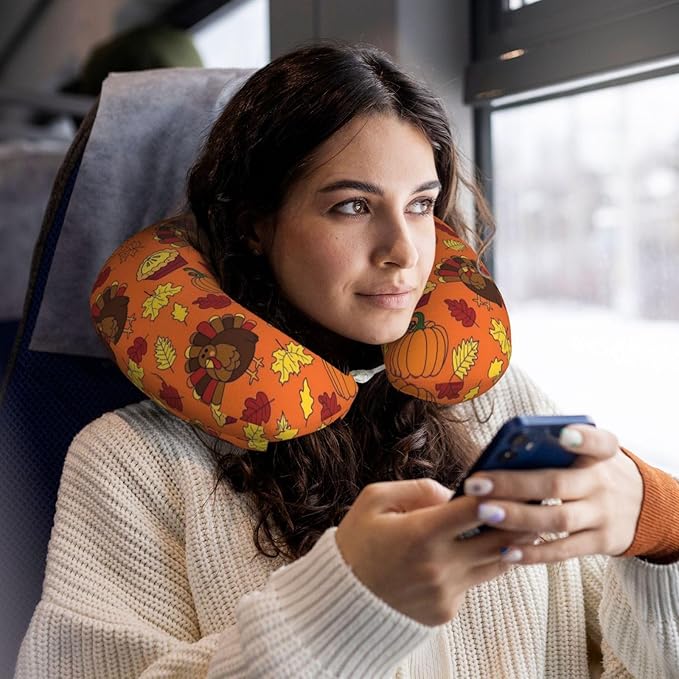 Neck Pillow Memory Foam Travel Pillows Comfortable for Airplane Flight Car Travel Office Nap and Sleeping, Funny Cushion for Head Shoulder Orange Pumpkin Color Thanksgiving Turkey