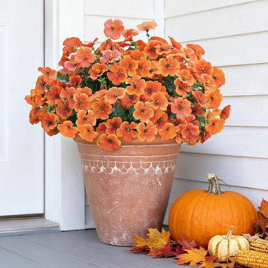 Orange Fall Artificial Flowers for Outdoors Decorations, 12 Bundles Faux Fall Mums Flowers, UV Resistant Realistic Silk Daisy with Eucalyptus for Home Decor Garden Planters Patio Yard Balcony