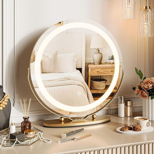 Garvee 19 in Vanity Mirror with Led Lights, Large Round Makeup Mirror with Touch Control and 3 Color Lighting Modes, Round Vanity Mirror for Bedroom, Tabletop, Living Room, Easy to Install, Gold