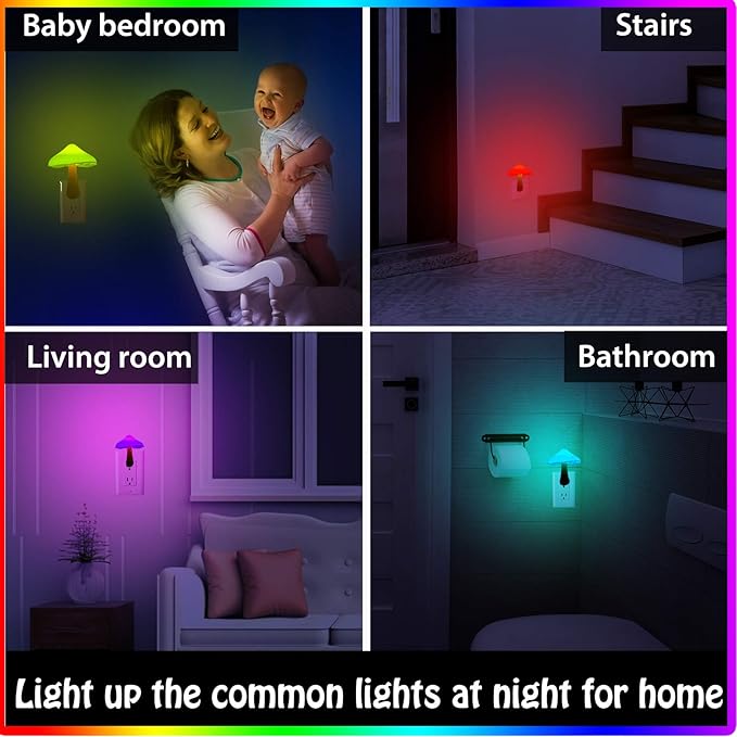 Honoson 4 Pieces Mushroom Night Light LED Night Light Plug in Lamp 7 Color Magic Mini Pretty Mushroom Shaped Lamp Adults(7-Color Light with White Cover)