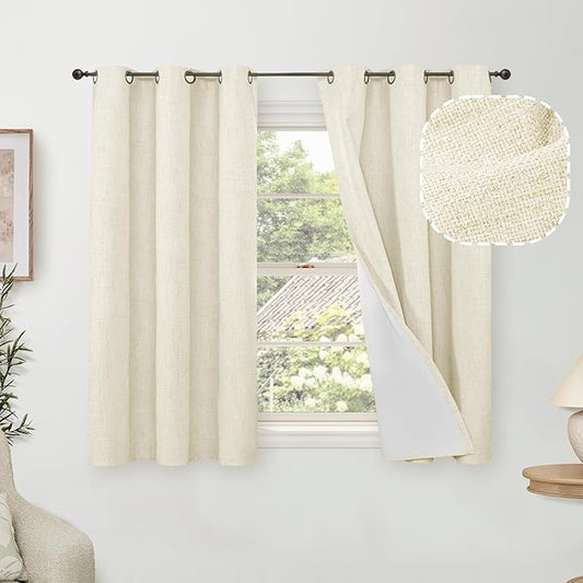 Lajode 45 Inch Length Linen Blackout Curtains for Short Cafe Window, Thermal Insulated Light Blocking Soundproof Privacy Burlap Curtains 2 Panels, Each 38 Inch Wide Cream