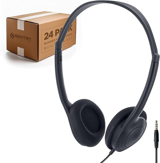 SENTRY Rugged Small School Headphones Bulk, 3.5mm Jack, Great for Kids, Teens, Students, Classroom, Libraries, Office, Online Learning, with Hygenic Design, (24 Pack, 24, Pack)