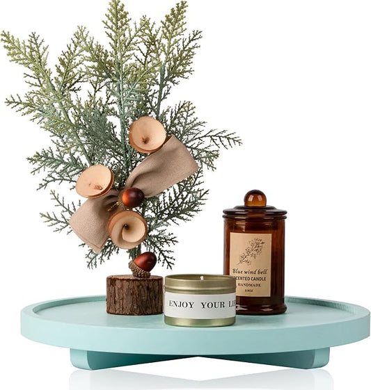Round Decorative Tray Wood Bathroom Counter Organizer Farmhouse Kitchen Decor Wooden Riser for Soap Dish, Perfume, Candle, Sponge, 12" - Light Blue