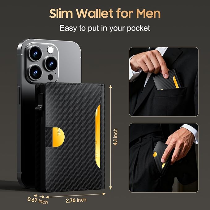 Frapkom Men Wallet, Trigger Wallet 8-11 Cards, Smart Pop Up Card Wallet with RFID Blocking Function, Cash Slots, Credit Card Holder, ID Window (Carbon Fiber)