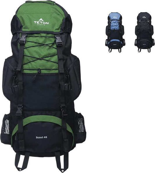 Teton 45L Scout Internal Frame Backpack for Hiking, Camping, Backpacking, Travel, Rain Cover Included, Evergreen