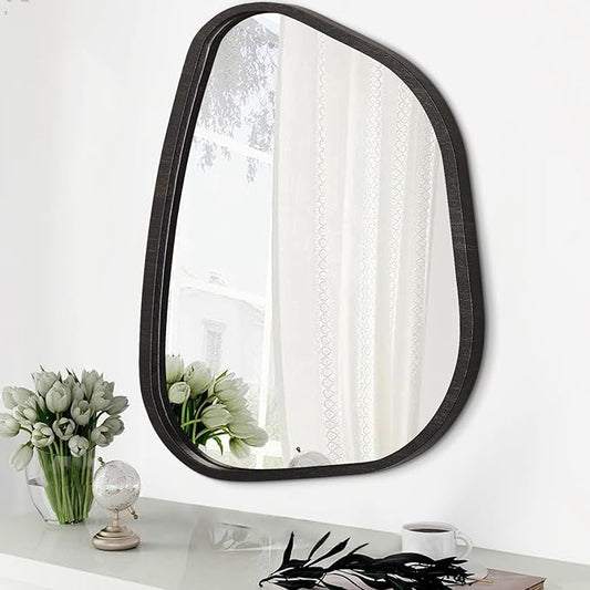 Irregular Wall Mirror Modern Oval Asymmetrical Wooden Framed Unique Hanging Mirror Artistic Wavy Mirror Decor Bathroom Vanity Bedroom Living Room Entryway Hallway 26"x18"