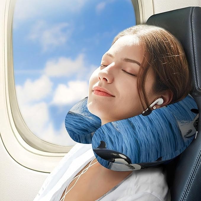 Funny Travel Neck Pillow Memory Foam U Shaped Cushion Orca Killer Whale, Washable Cover for Men Women Teens Airplane Car Sleep