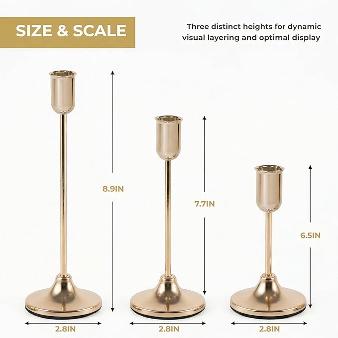 3 Pcs Gold Candlestick Holders Set - Vintage Brass Taper Candle Holder for Pillar Candles - Modern Decorative Centerpiece for Wedding Fireplace Mantel Decor - Cozy Atmosphere Housewarming Gift