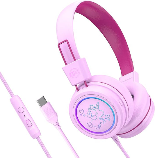 MEE audio KidJamz KJ55 Safe Listening USB-C Headphones for Children with Multicolor LED Lights, Volume Limiter, & Microphone; On-Ear Wired Kids Headset for iPhone 16, iPad, & USB Type C Devices (Pink)