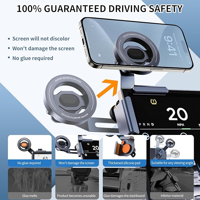 GOAKICHGO Tesla Phone Mount, Car Phone Holder for Tesla New Model Y Juniper Model 3 for Magnetic Car Mount, Magnetic Car Phone Holder fits iPhone 17 16 15 Pro Max, Tesla Accessories (Orange)