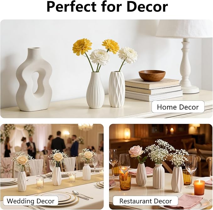 BEAHOT Ceramic Bud Vases Set of 12 - Matte Mini White Jars Bulk | Small White Ceramic Vases for Centerpieces, Wedding Floral Arrangements, DIY Crafts & Boho Table Decor (No Repeating Designs)