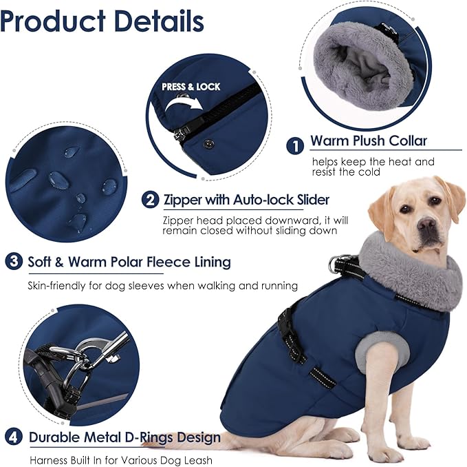 AOFITEE Dog Jacket, Large Dog Coat with Harness Built in, Warm Fleece Lined Pet Winter Jacket with Zipper & Furry Collar, Waterproof Pet Snow Coat Snowsuit for French Bulldog, Blue L