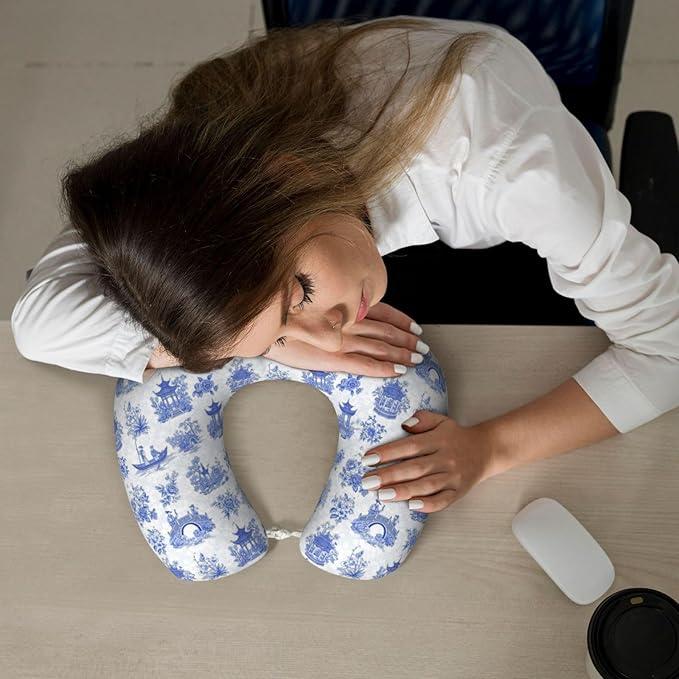 Travel Neck Pillows for Sleeping Rest Car Airplanes Chinese Style Powder Blue Chinoiserie Toile, Memory Foam with Removable Breathable Zipper Cover Washable for Men Women