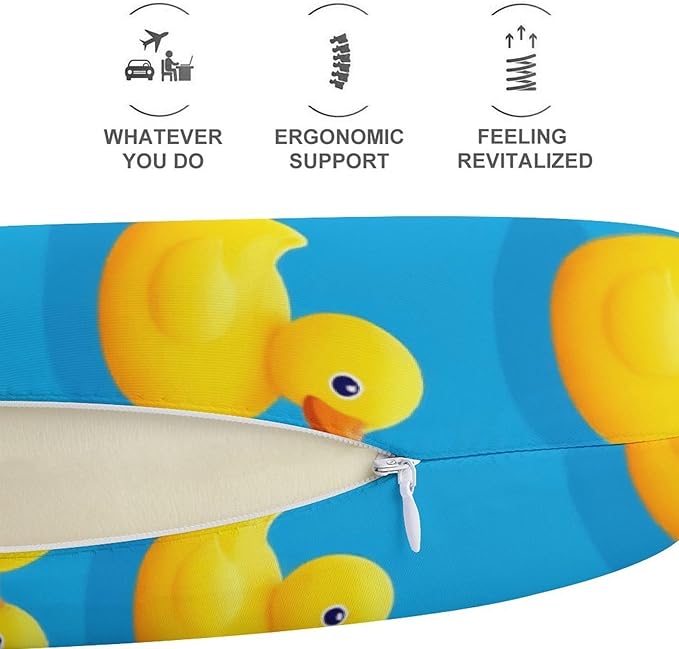 Breathable U-Shaped Neck Pillow Memory Foam Travel, Cute Funny Rubber Duck Yellow Ducky Blue U-Shape, Machine Washable Support Home Office