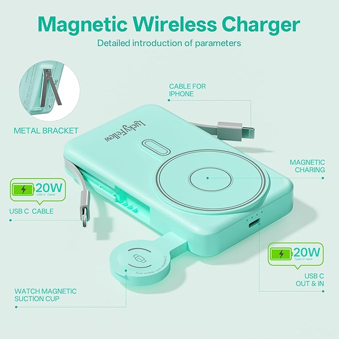 Magnetic Portable Charger Built-in Cables,10000mAh Fast Charging Wireless Charger Station External Battery Pack Slim Pocket Size Power Bank with Stand Compatible with iWatch, iPhone and Android Phones