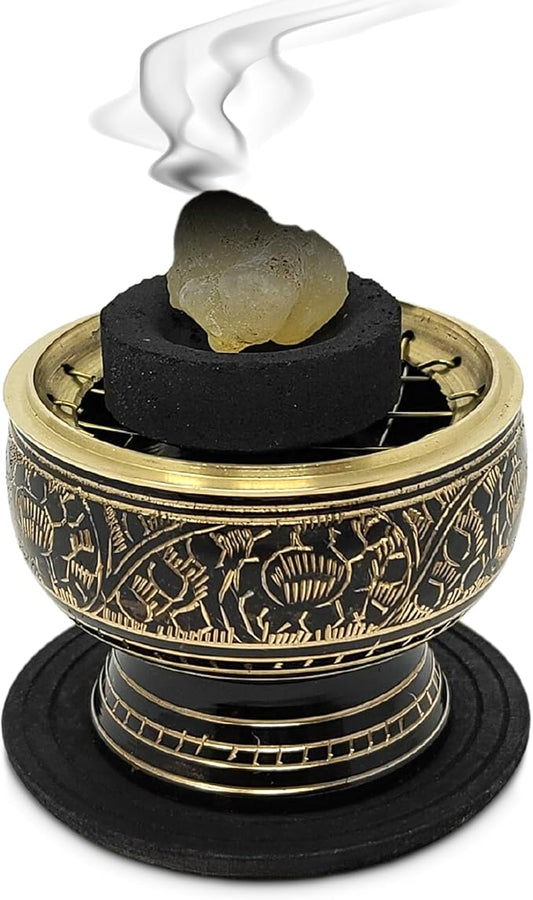 New Age Imports, Inc. India Small Decorated Brass Charcoal Screen Incense Burner with Wooden Coaster