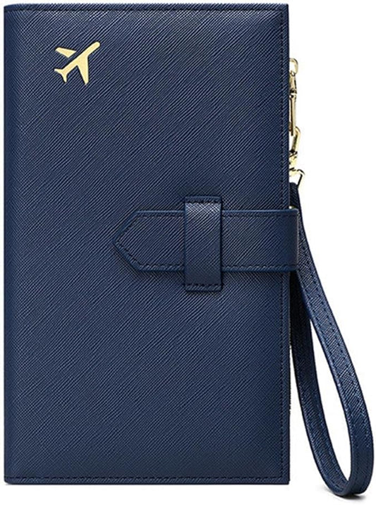 Waterproof Family Passport Organizer with RFID Blocking Genuine Leather Document Holder Card Slots Travel Wallet for Women Men Black (Blue)