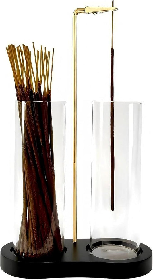 Glass Incense Holder, Black Incense Sticks Burner Holder with Storage,Hang Upside Down Incense Holder for Sticks with Glass Ash Catcher for Meditation Yoga Spa Room Decor (Black)