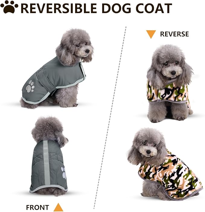 Queenmore Dog Winter Coat, Cold Weather Fleece Jacket for Dogs, Waterproof Reflective Reversible, for Small, Medium and Large Dogs (Grey, M)