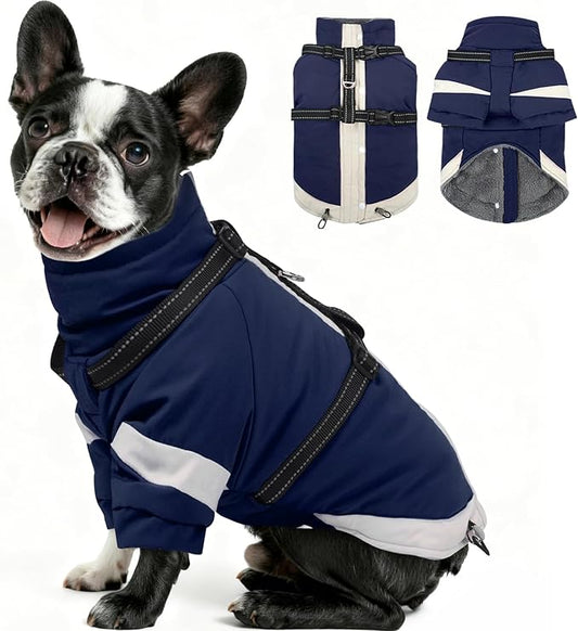 MIGOHI Ultra Thick Dog Jacket,Reflective Medium Dog Coat with Harness Built in,Warm Pet Winter Coat Zip Up Puffer Jacket with Furry Collar for Medium Dogs with Legs Outdoor Adventure,L,NavyBlue