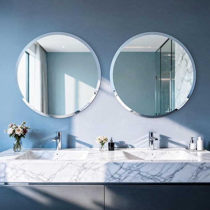 Frameless Round Wall Mirror: Decorative Mirrored Glass Vanity with Beveled Silver Edge for Bathroom Bedroom Livingroom Dining Room Entryway Hallway, 16 x 16 inch